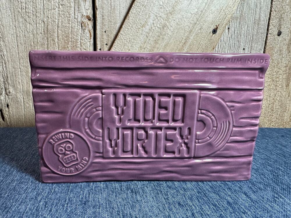 Mondo Video Vortex Tiki Mug Comedy Purple Ceramic Design Like a VHS Tape Planter